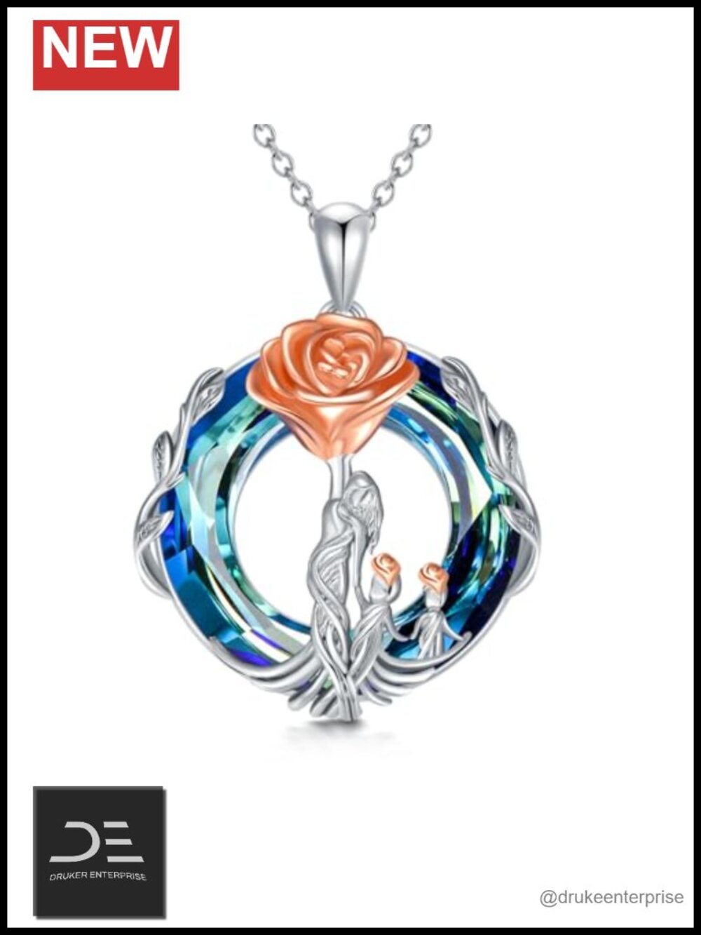 925 Sterling Silver Mother Daughter Son Necklace Rose Flower Crystal